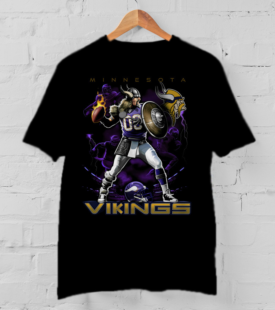 Minnesota Vikings Warrior With Football And Viking Helmet T-Shirt