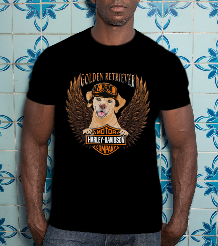 Harley Davidson Golden Retriever Motor Company Winged Logo T-Shirt