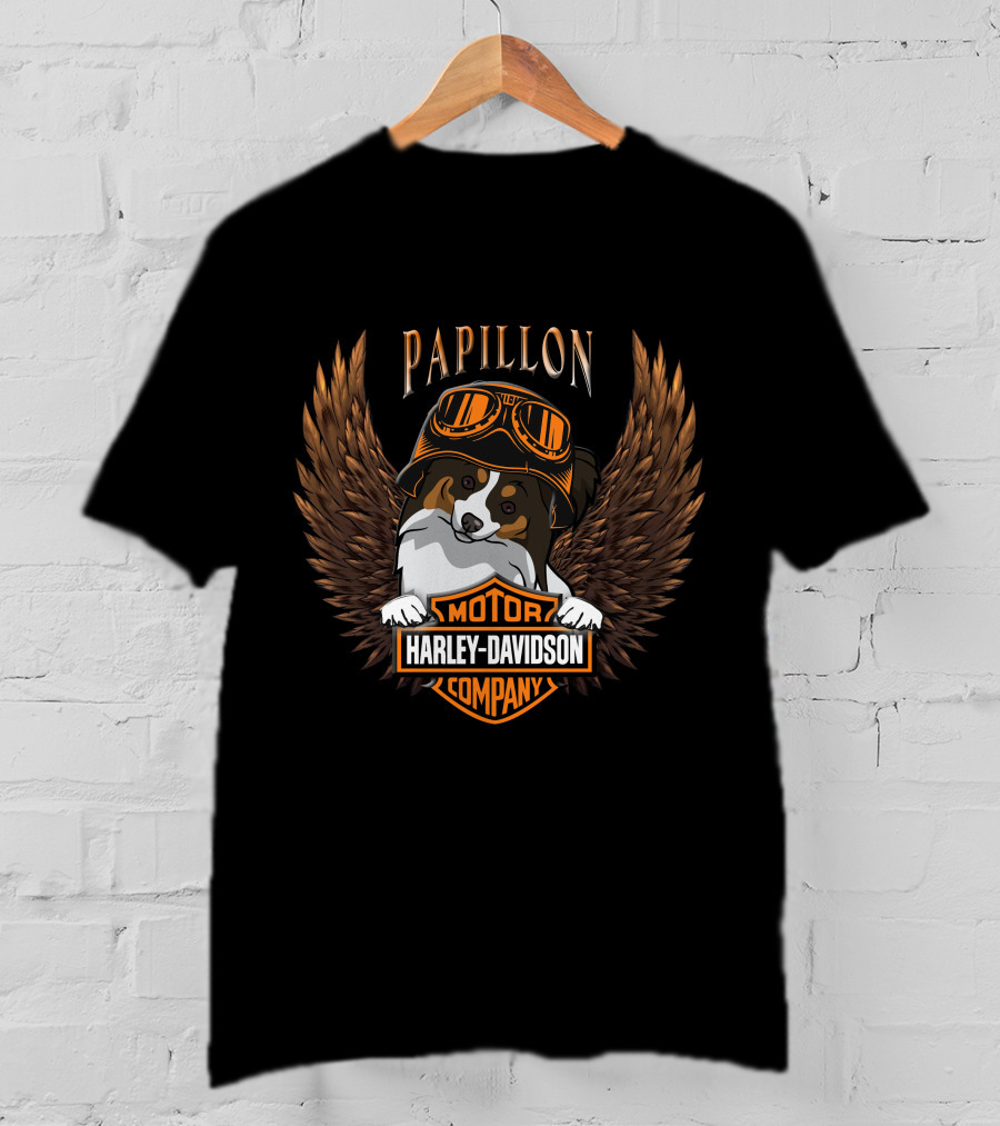 Papillon Harley Davidson Motor Company Wings Dog With Goggles T-Shirt