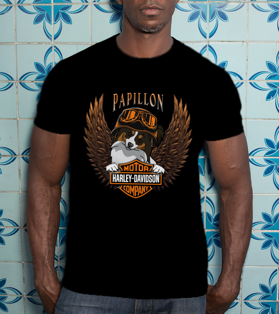 Papillon Harley Davidson Motor Company Wings Dog With Goggles T-Shirt