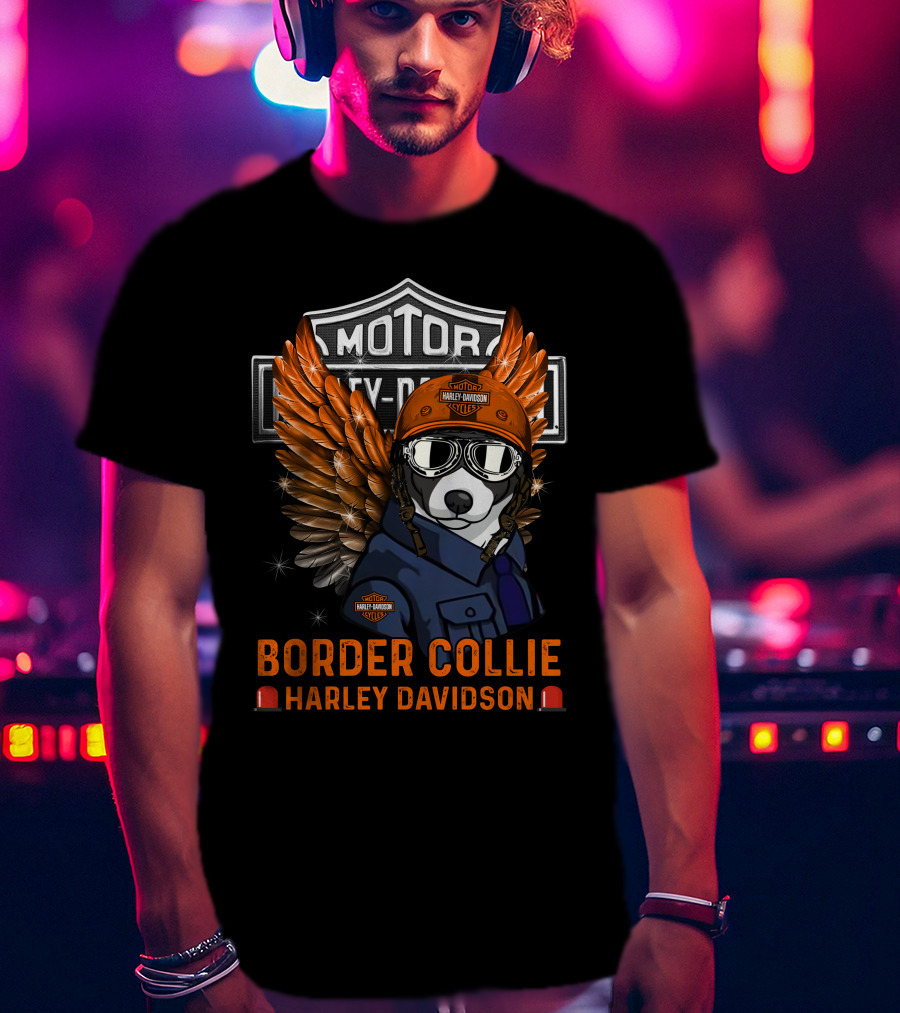 Border Collie Harley Davidson Motorcycles Wings And Helmet T-Shirt
