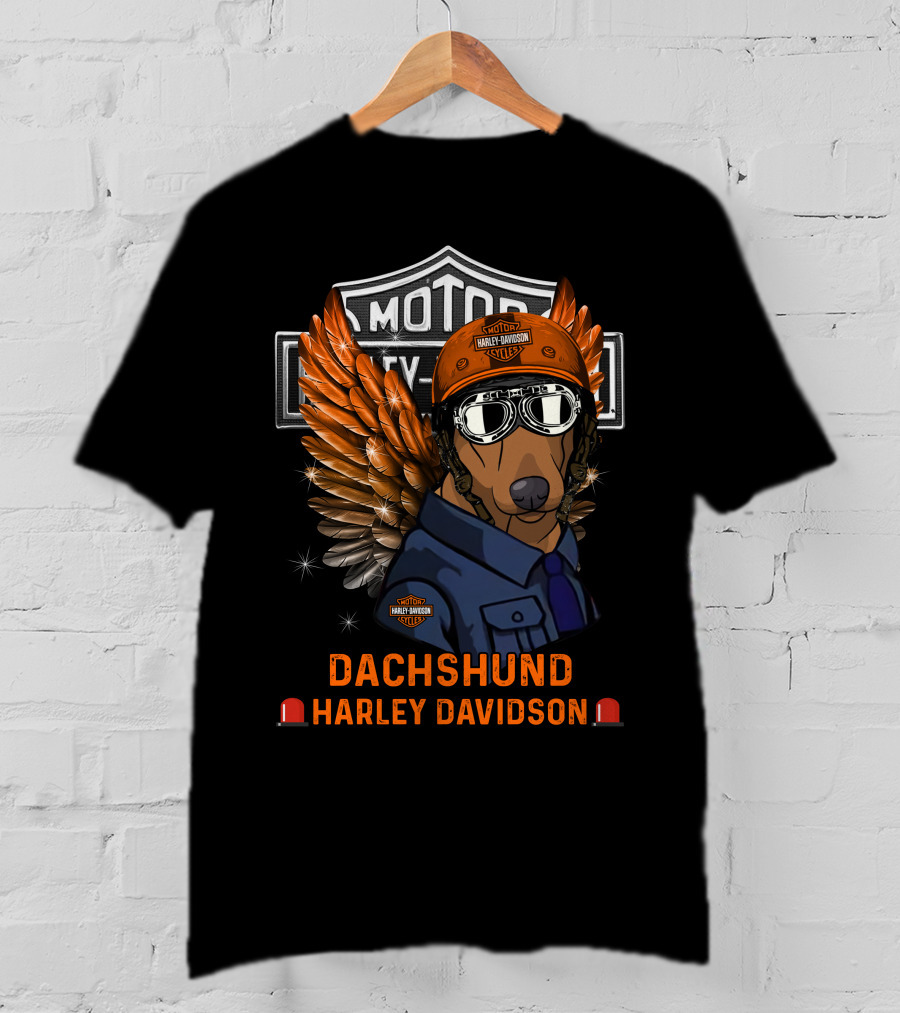 Dachshund Harley Davidson Motor City Dog Wings Helmet T-Shirt