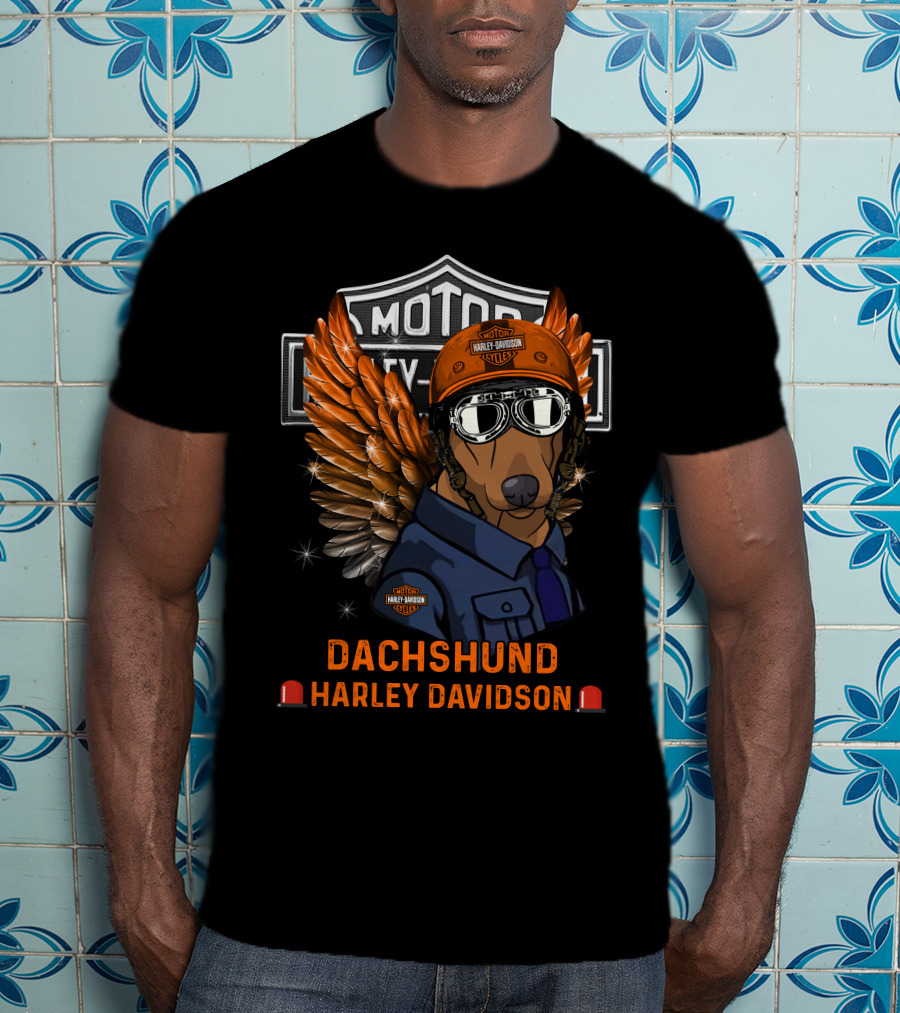 Dachshund Harley Davidson Motor City Dog Wings Helmet T-Shirt