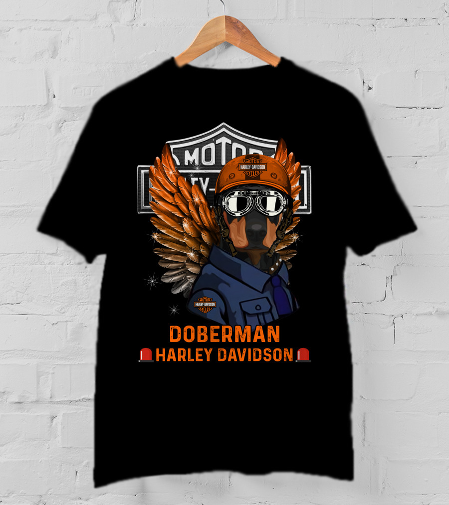 Doberman Harley Davidson Motor City Kutter Wings Helmet Goggles T-Shirt