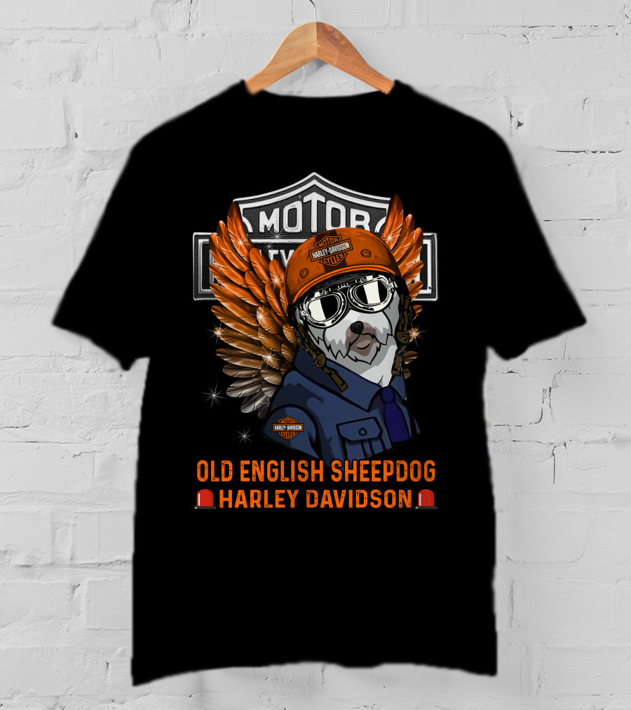 Old English Sheepdog Harley Davidson Wings Helmet Goggles T-Shirt