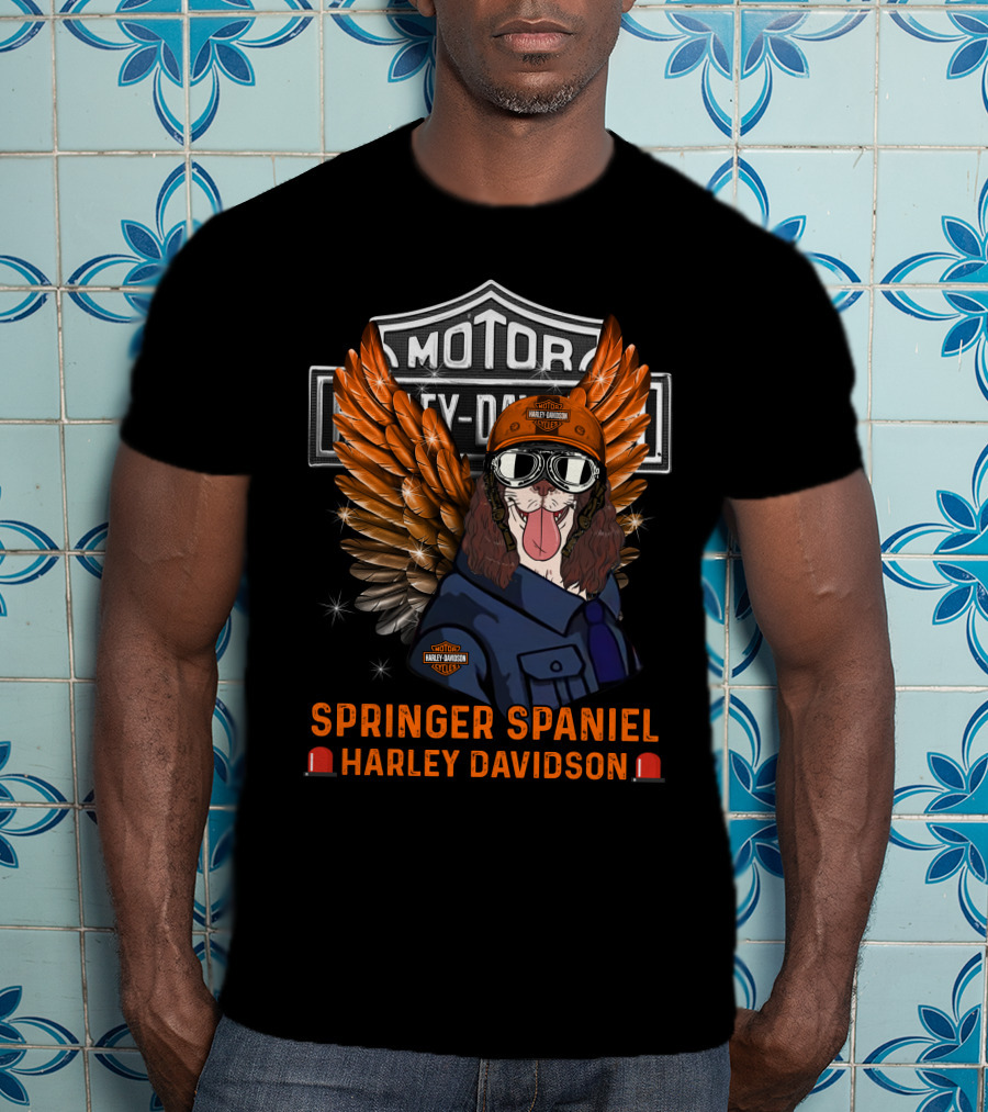 Springer Spaniel Harley Davidson Motor Safety Dog Wings Helmet Glasses T-Shirt