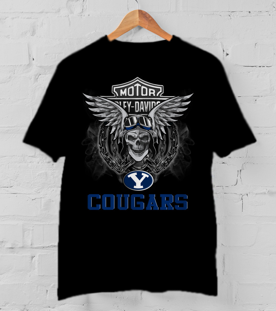 Byu Cougars Harley Davidson Motorcycle Wings Skull Ncaa Football Fans T-Shirt