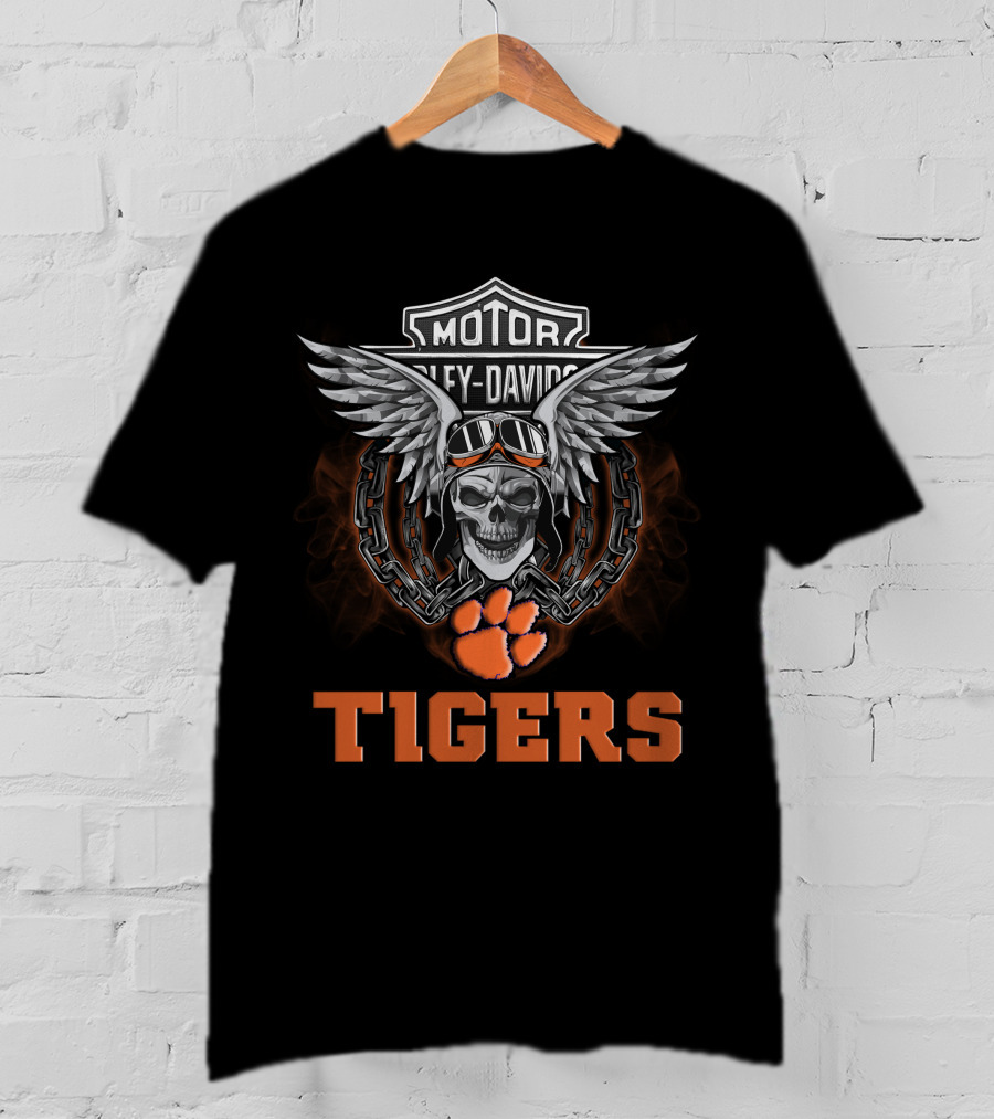Tigers Hd Clemson Tigers Ncaa Football Fans Harley Davidson Skull Wings Chain T-Shirt