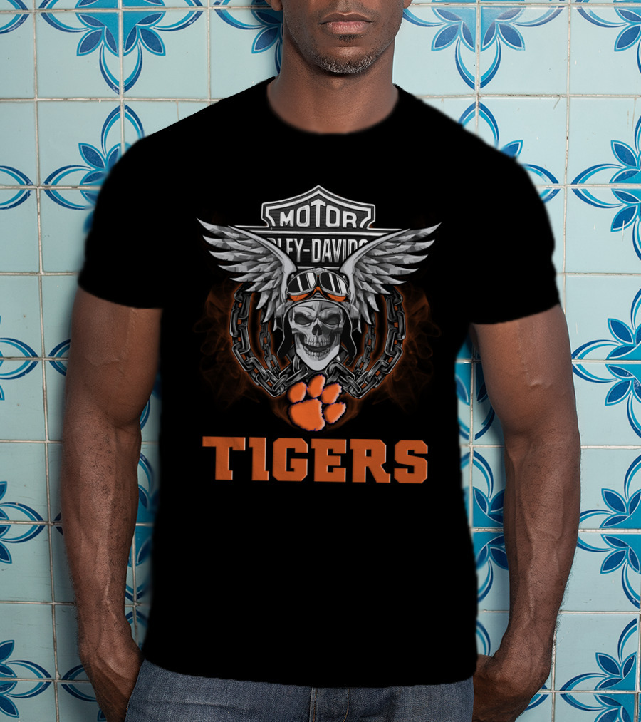 Tigers Hd Clemson Tigers Ncaa Football Fans Harley Davidson Skull Wings Chain T-Shirt
