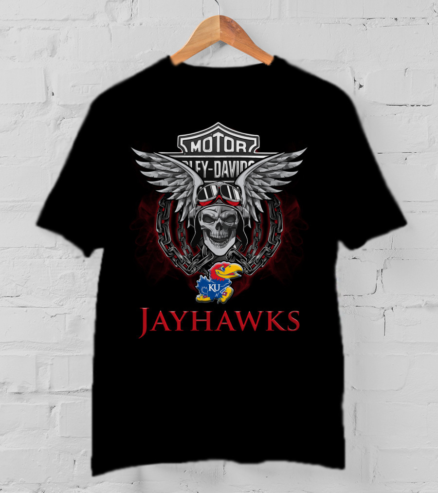 Motor Harley Davidson Skull With Wings Jayhawks Ku Kansas Football Fans T-Shirt