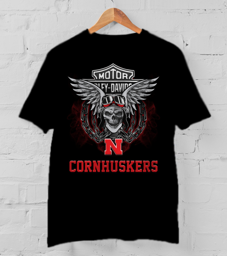 Motor Harley Davidson Skull Wings Nebraska Cornhuskers Football Fans T-Shirt