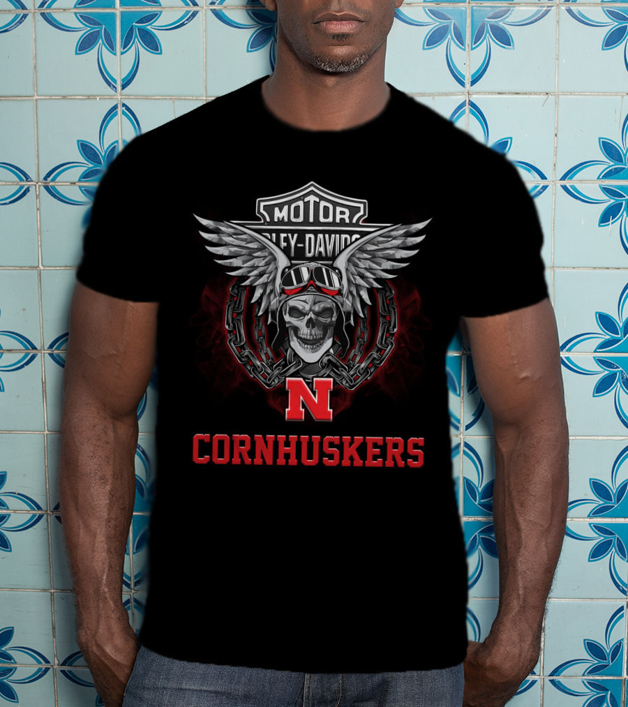 Motor Harley Davidson Skull Wings Nebraska Cornhuskers Football Fans T-Shirt