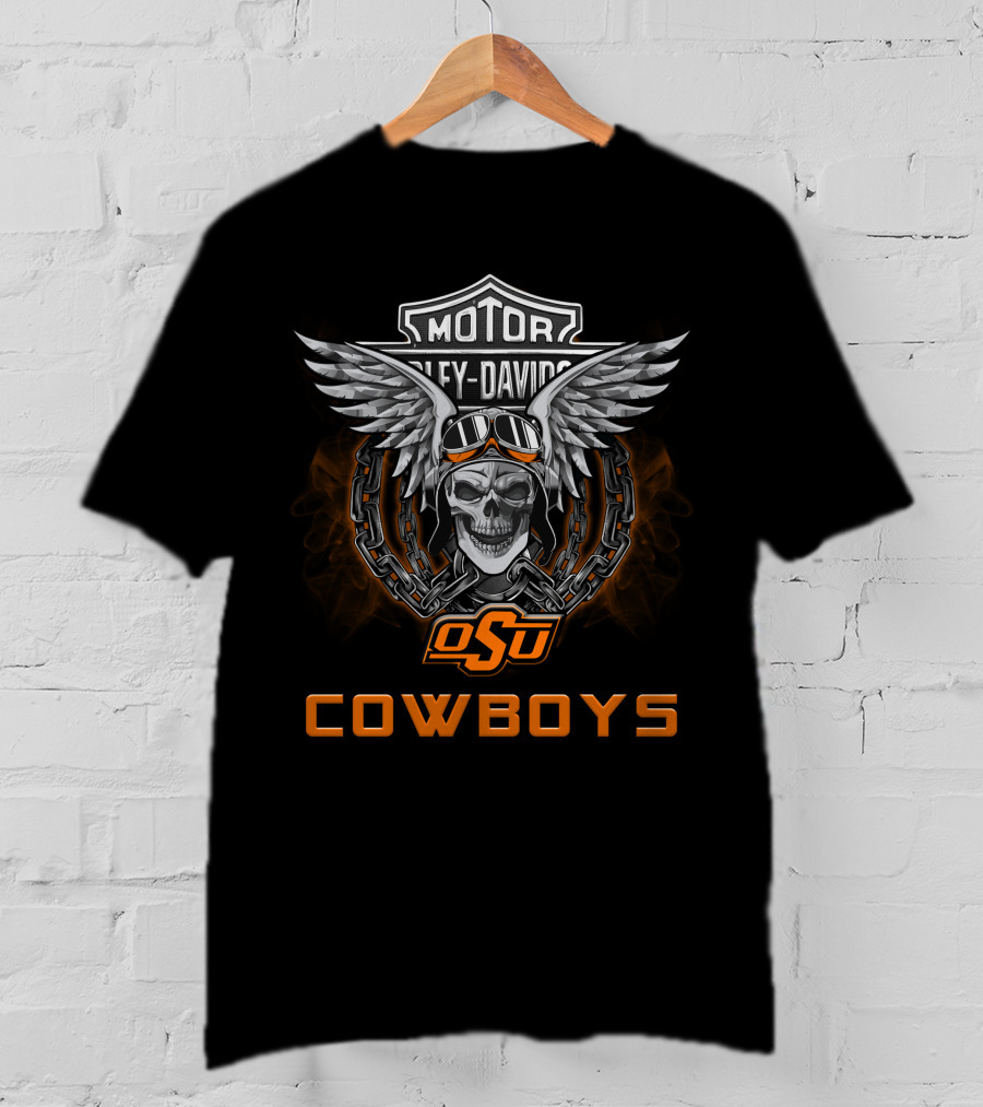 Osu Cowboys Harley Davidson Skull Wings Ncaa Football Fans T-Shirt