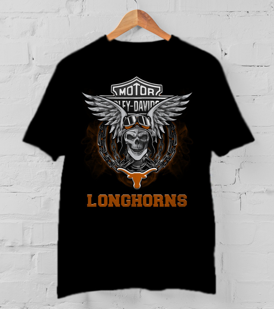 Texas Longhorns Harley Davidson Football Fans Motorcycle Skull Wings T-Shirt