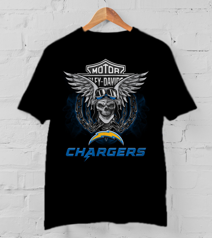 Hd Los Angeles Chargers Nfl Football Fans Harley Davidson Skull Wings T-Shirt