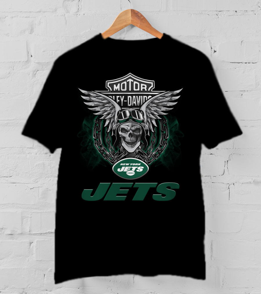 New York Jets Nfl Football Fans Harley Davidson Motor Wings Skull T-Shirt