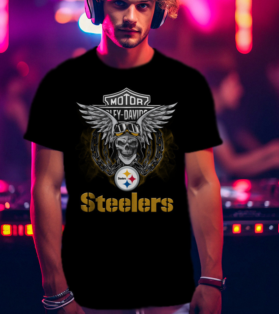 Harley Davidson Skull With Wings Steelers Logo For Nfl Football Fans T-Shirt