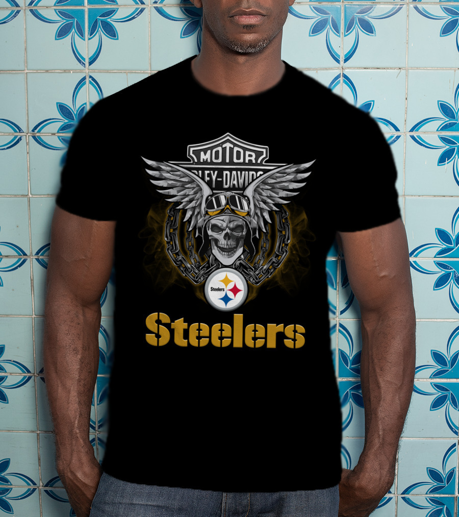 Harley Davidson Skull With Wings Steelers Logo For Nfl Football Fans T-Shirt