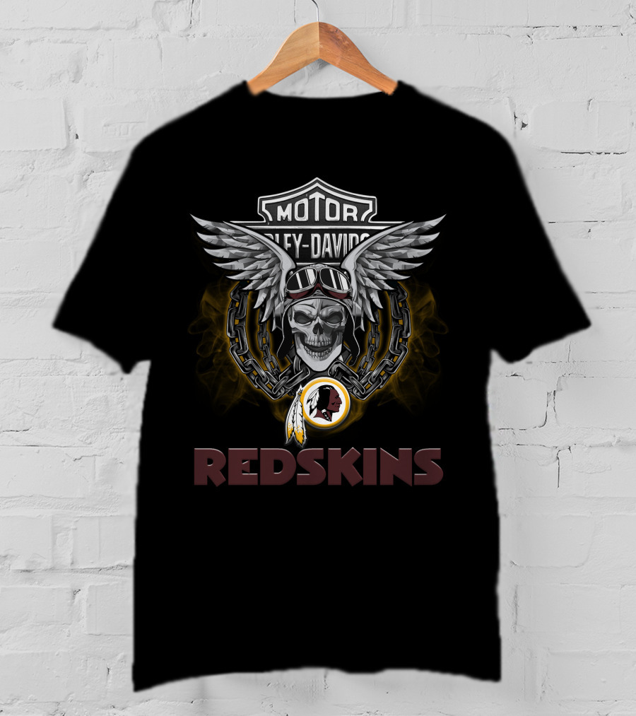 Motor Harley Davidson Style Redskins Skull With Wings For Nfl Football Fans T-Shirt