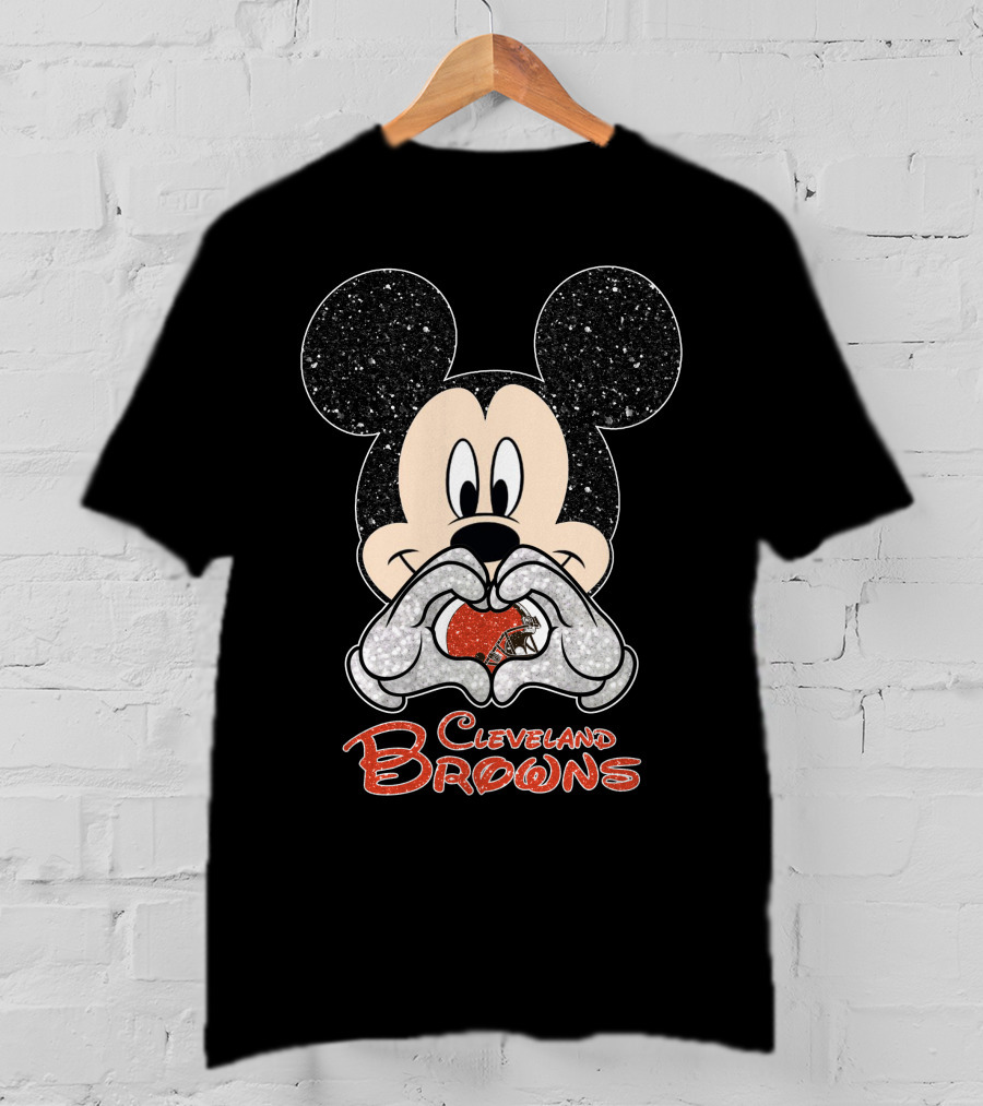 Mickey Mouse Heart Hands Cleveland Browns Football Sparkle T-Shirt