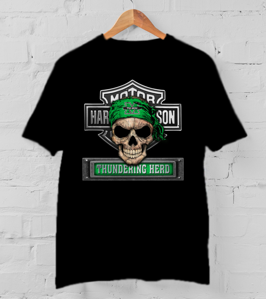 Marshall Thundering Herd Skull Harley Davidson Style Banner T-Shirt