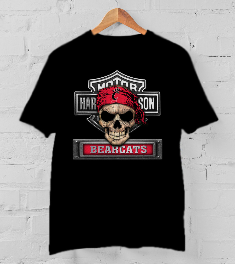 Hd Ncaa Cincinnati Bearcats Skull Logo With Red Bandana T-Shirt