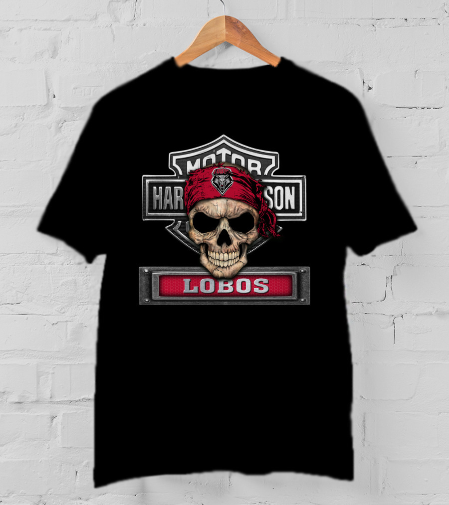 Motor Harley Davidson Skull Lobos Ncaa New Mexico T-Shirt