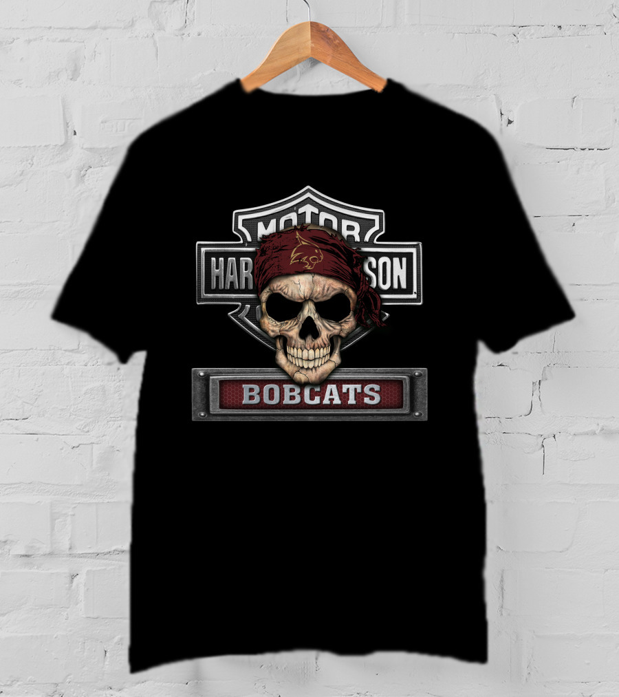 Motor Harley Davidson Bobcats Skull With Texas State Bandana T-Shirt