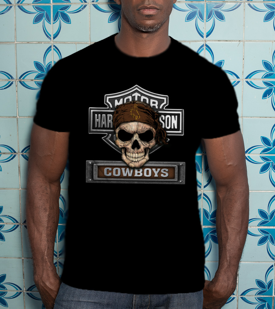 Hd Ncaa Wyoming Cowboys Skull With Harley Davidson Motor Cowboys T-Shirt