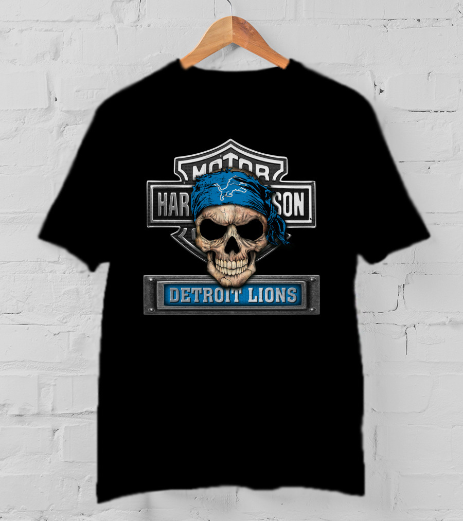 Motor Harley Davidson Skull Bandana Detroit Lions T-Shirt