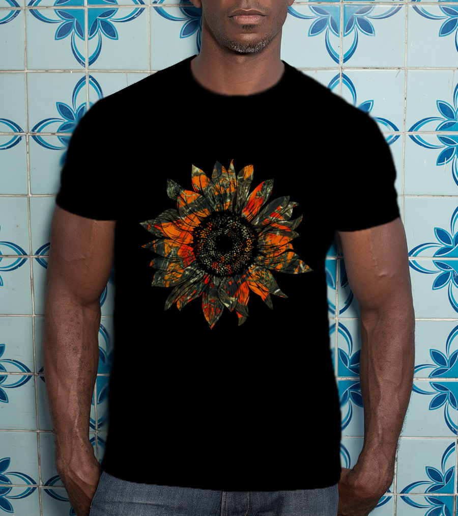 Orange Camo Sunflower Pattern Blossom T-Shirt