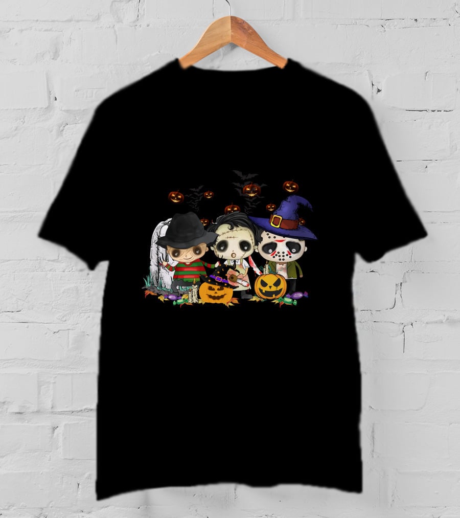 Halloween Horror Icons Trio With Jack-O'-Lanterns And Candy T-Shirt