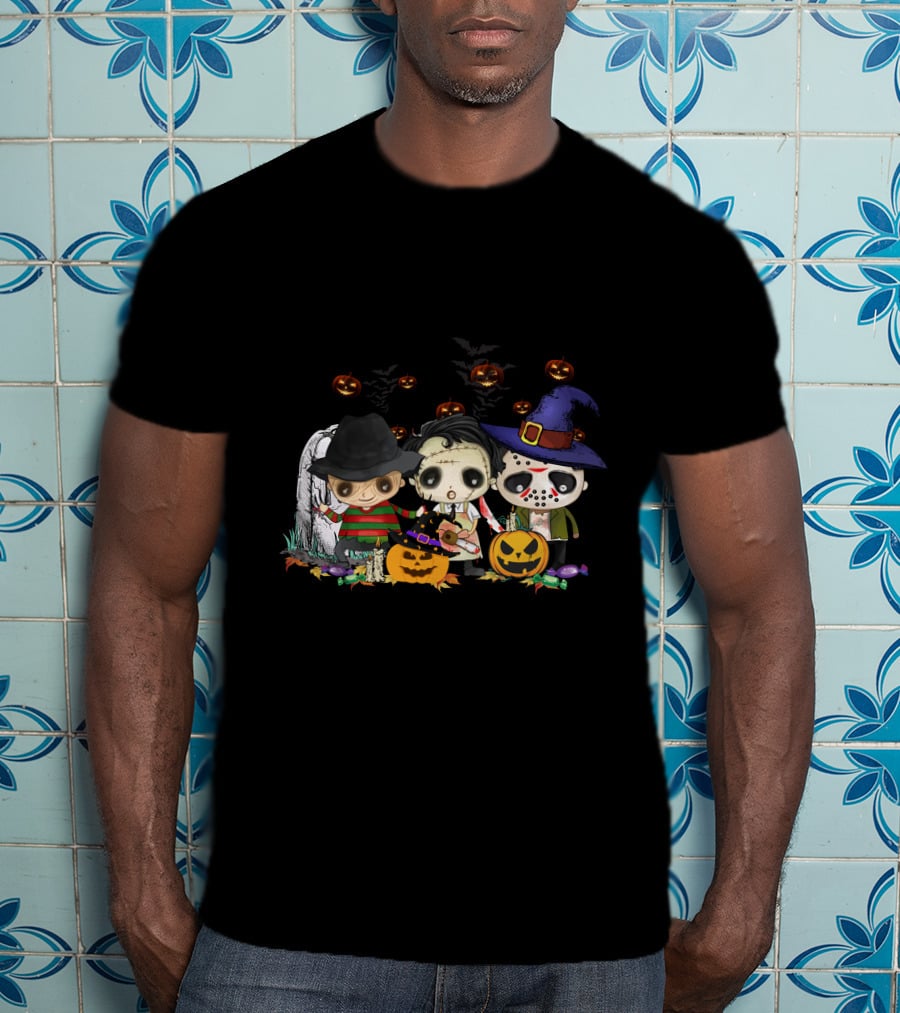 Halloween Horror Icons Trio With Jack-O'-Lanterns And Candy T-Shirt