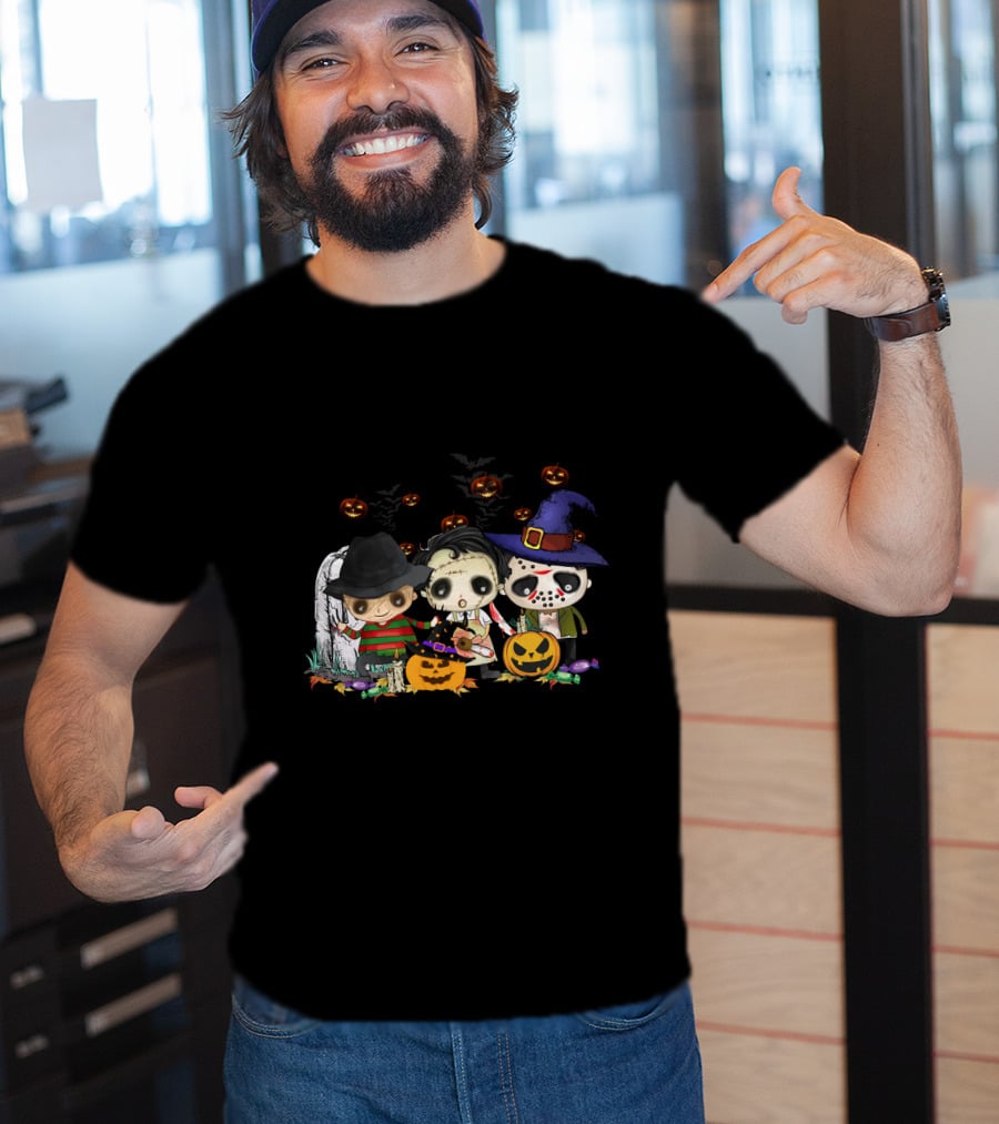 Halloween Horror Icons Trio With Jack-O'-Lanterns And Candy T-Shirt