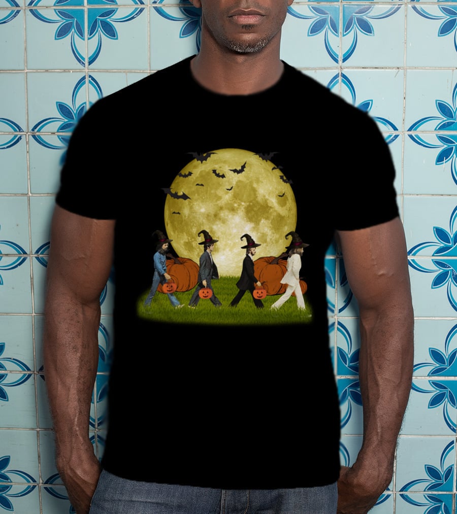 Abbey Road Halloween Crossing With Pumpkins And Witches Under Full Moon T-Shirt