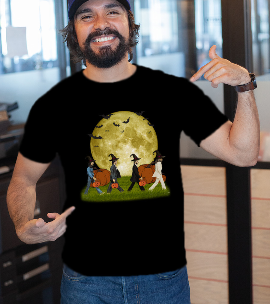 Abbey Road Halloween Crossing With Pumpkins And Witches Under Full Moon T-Shirt