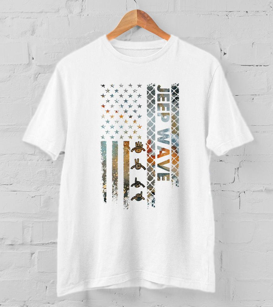 Jeep Wave American Flag Grunge Style With Hand Symbols T-Shirt