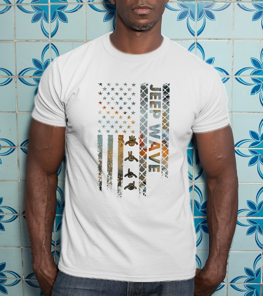 Jeep Wave American Flag Grunge Style With Hand Symbols T-Shirt