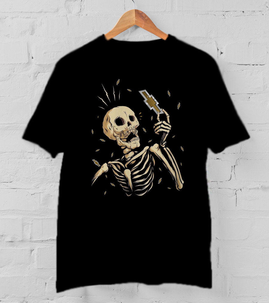 Skull Holding Chevy Emblem With Lightning Motif T-Shirt