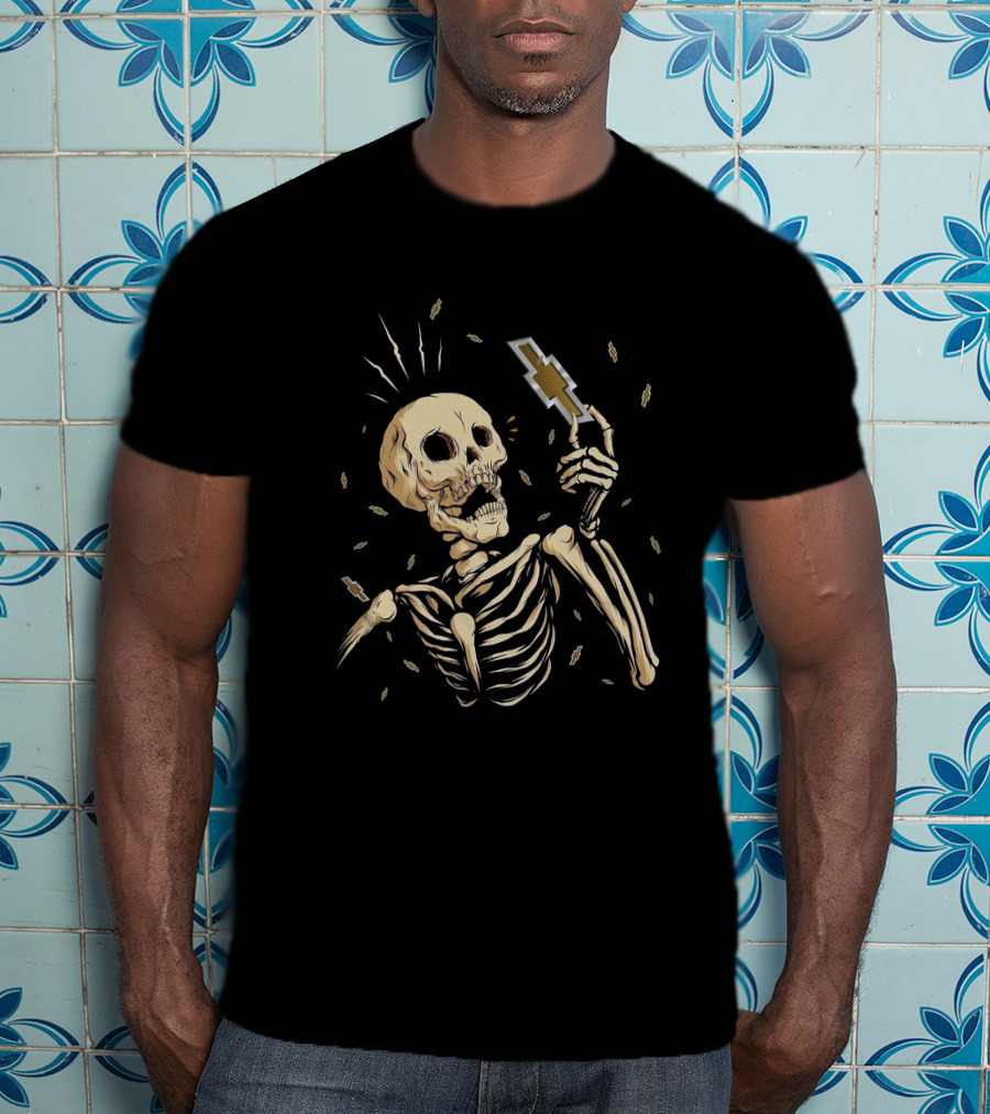 Skull Holding Chevy Emblem With Lightning Motif T-Shirt