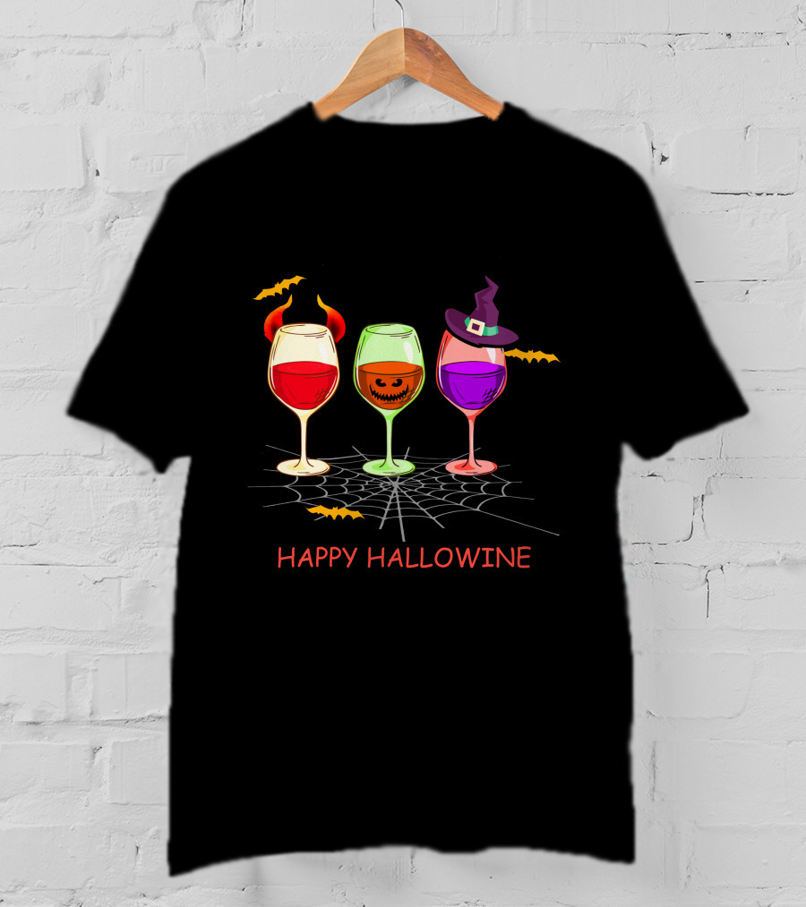 Happy Hallowine Wine Glasses Halloween Witch Hat Jack O'Lantern T-Shirt