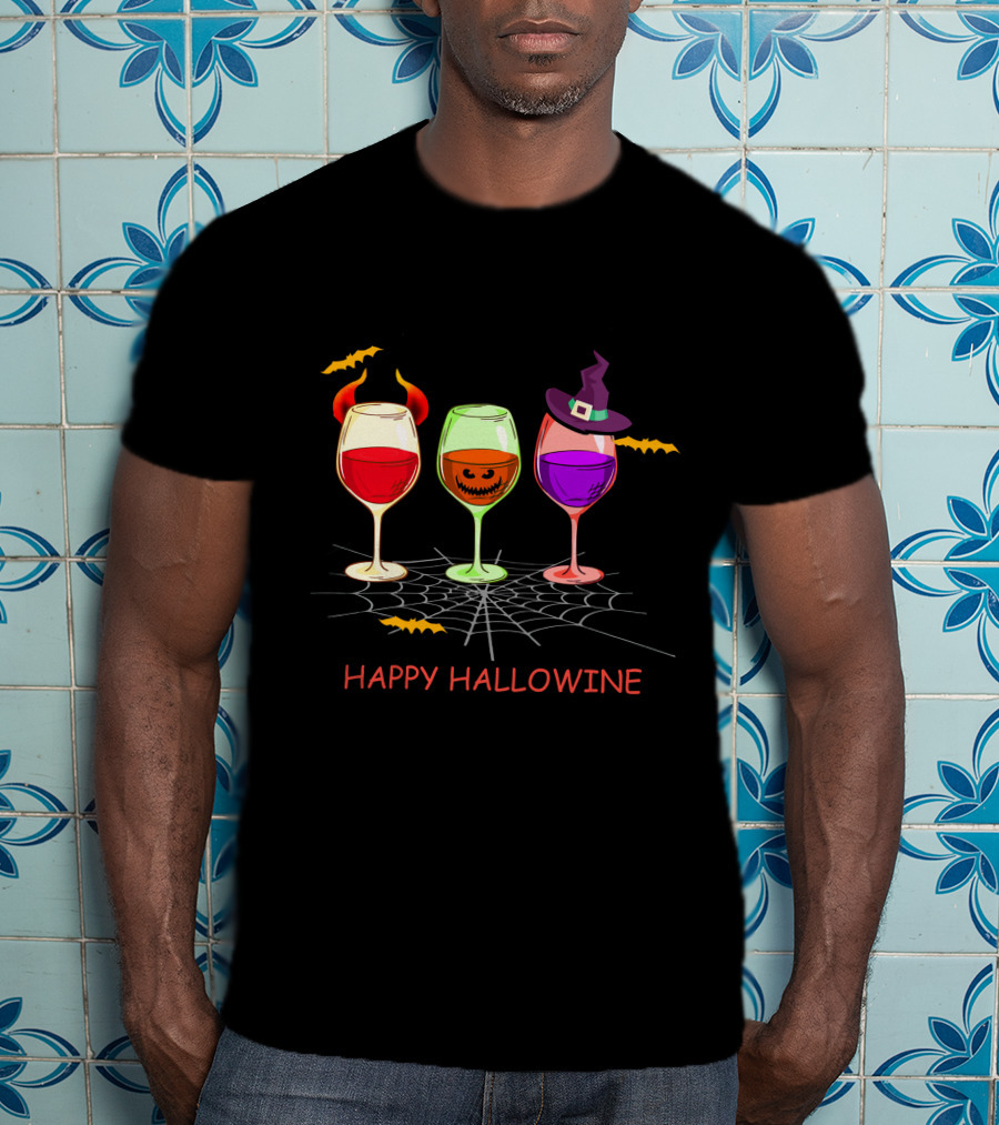 Happy Hallowine Wine Glasses Halloween Witch Hat Jack O'Lantern T-Shirt