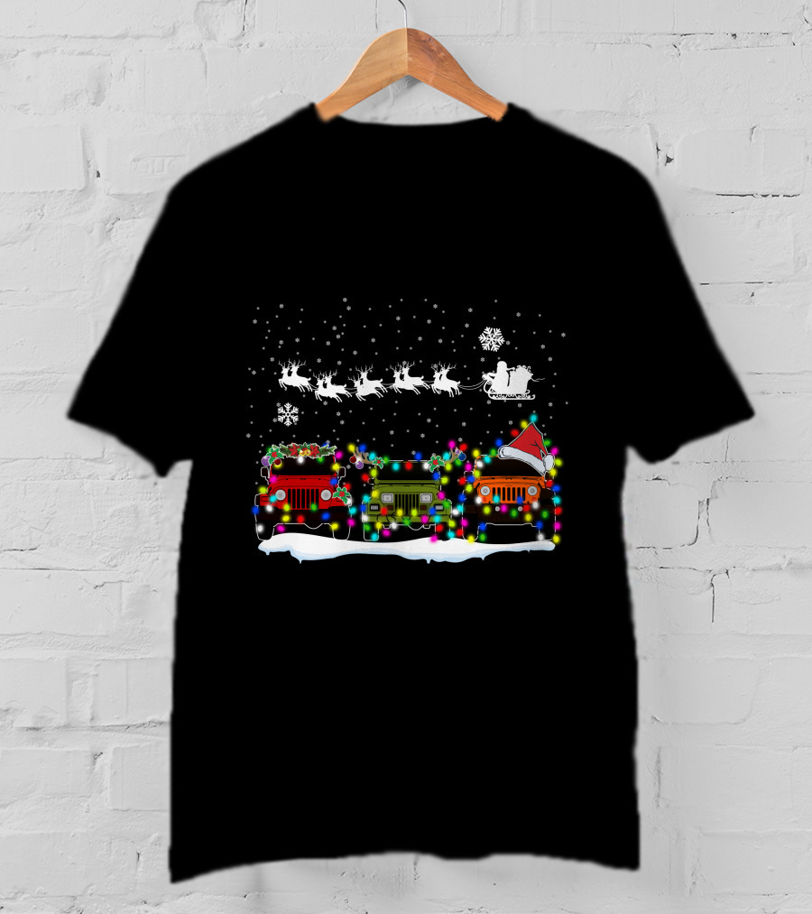 Christmas Jeep Lights With Santa Sleigh And Snowflakes T-Shirt