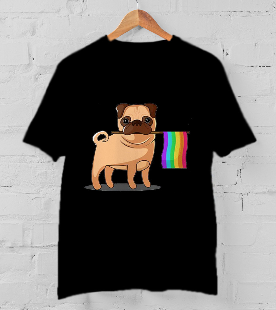 Pug Holding Rainbow Pride Flag T-Shirt
