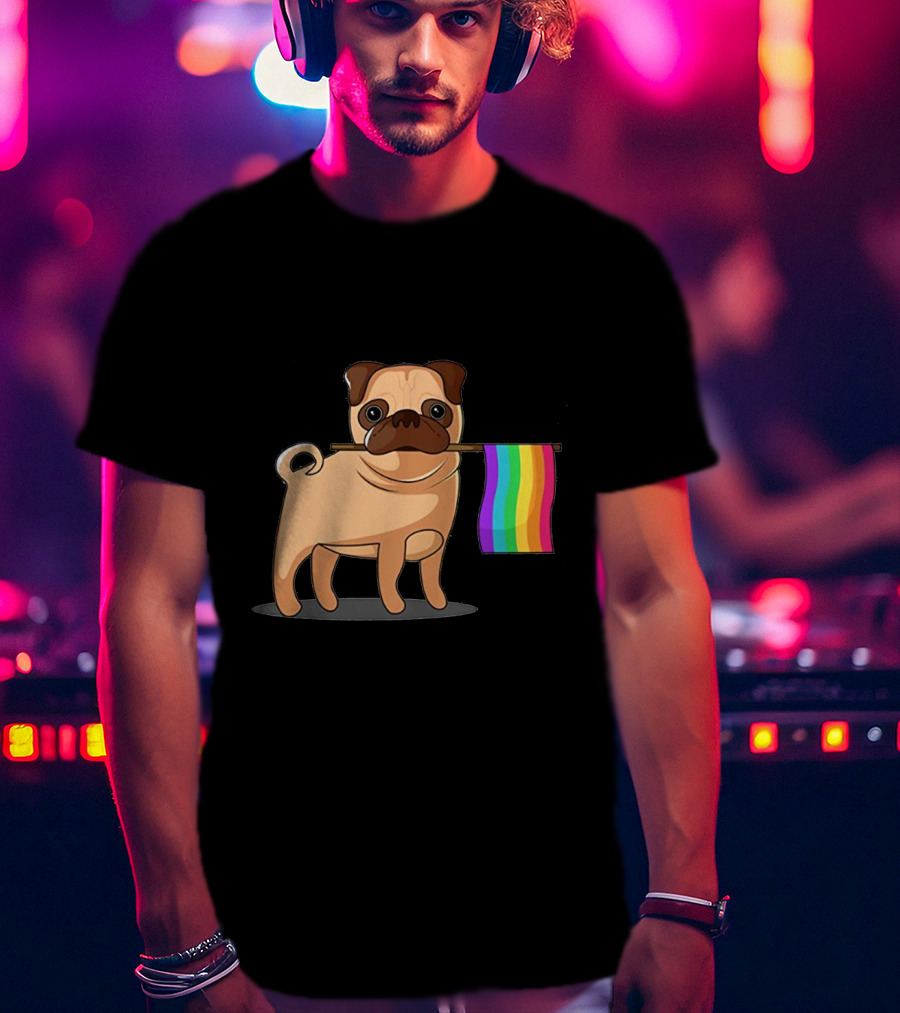 Pug Holding Rainbow Pride Flag T-Shirt