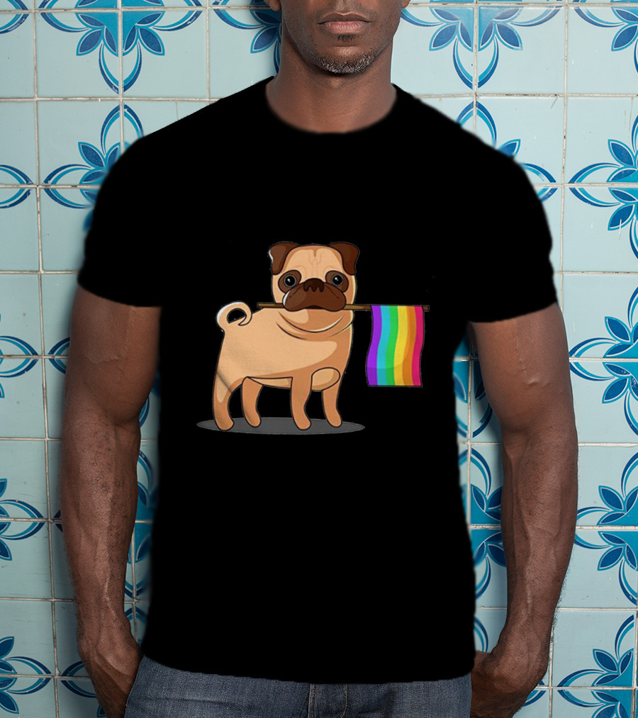Pug Holding Rainbow Pride Flag T-Shirt