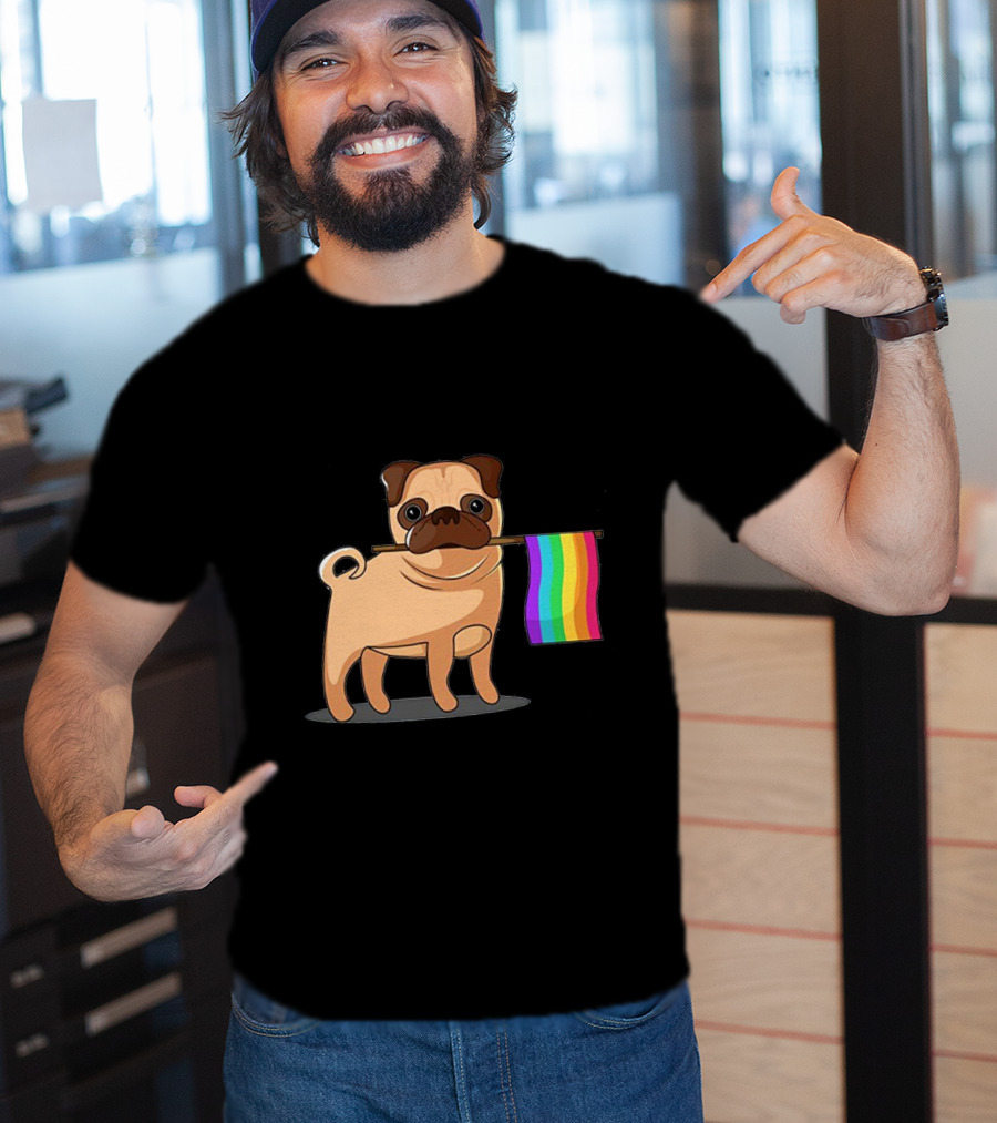 Pug Holding Rainbow Pride Flag T-Shirt