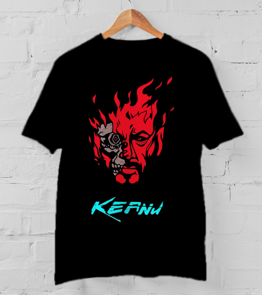 Keanu Cyberpunk Flame Skull Face T-Shirt