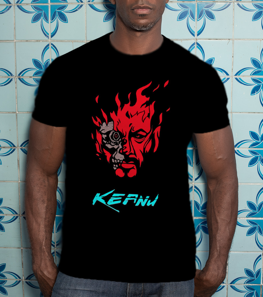 Keanu Cyberpunk Flame Skull Face T-Shirt