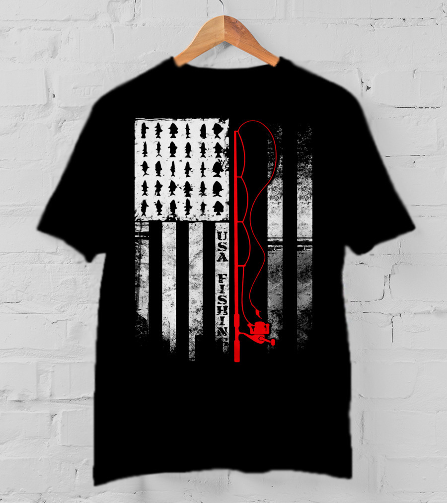 USA Fishing Flag Red Fishing Rod T-Shirt